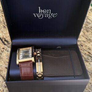 Bon Voyage Gold/Brown Men's Watch, Chainlink Bracelet, and Wallet Set in Box